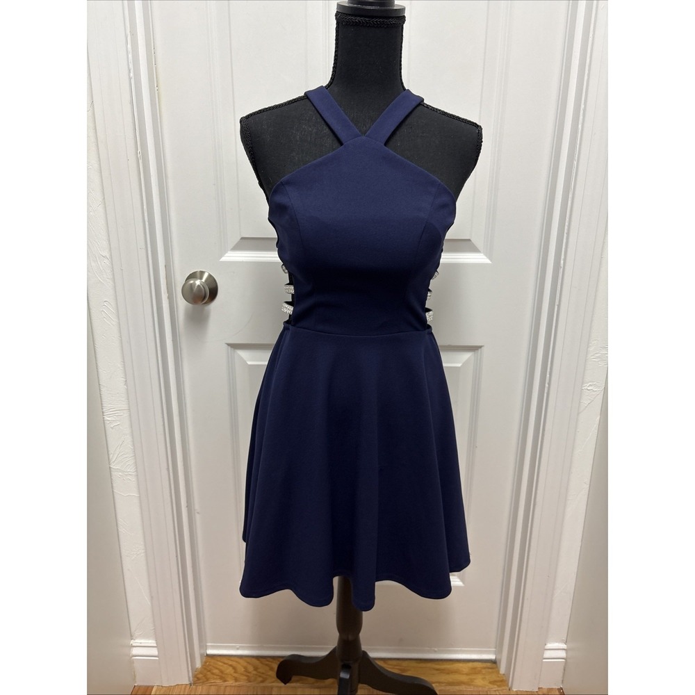 Woman's Junior SPEECHLESS Navy Blue With Silver Cut Outs Evening Formal Wear - 5